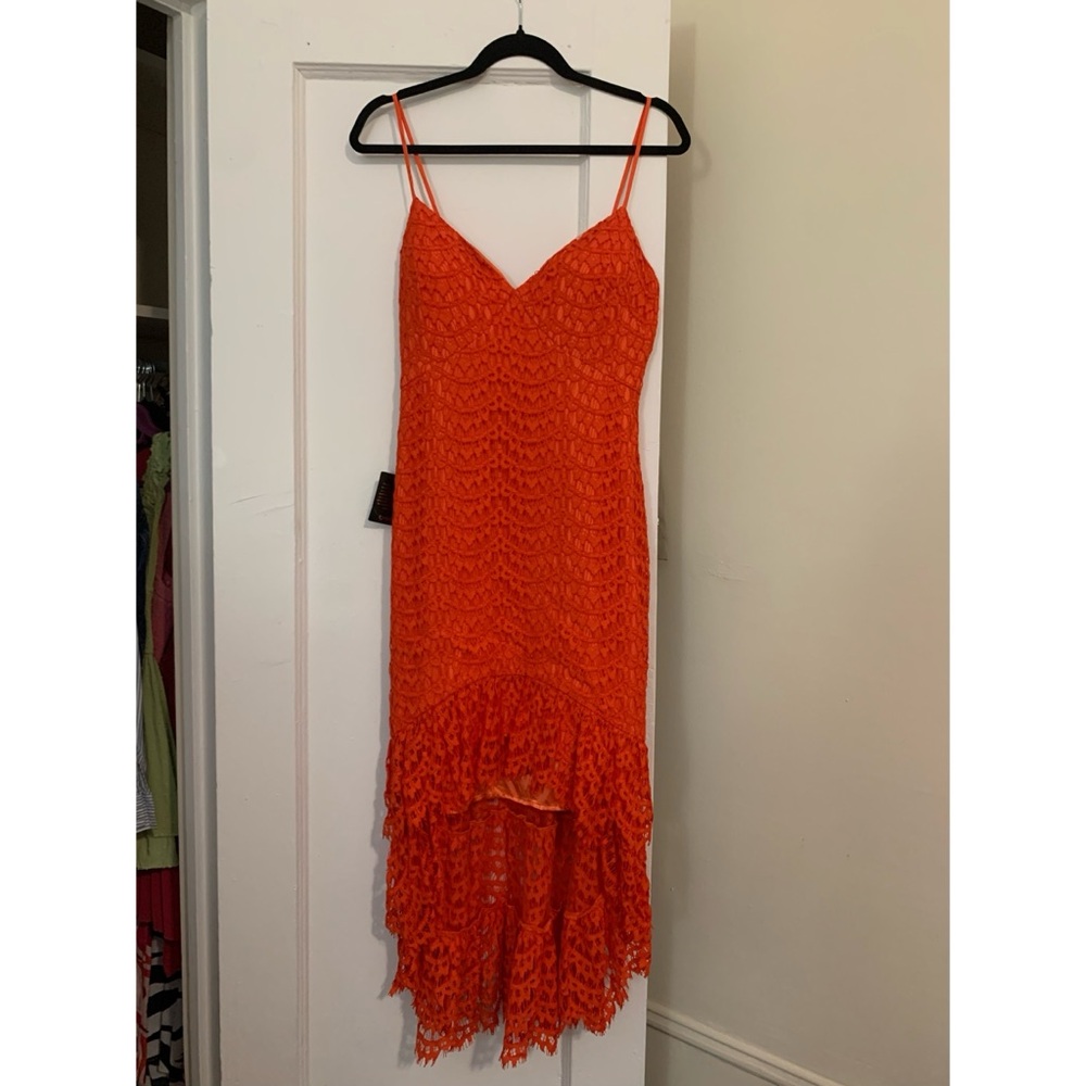 Spaghetti strap hi-low ruffle hem lace dress with tags still on
